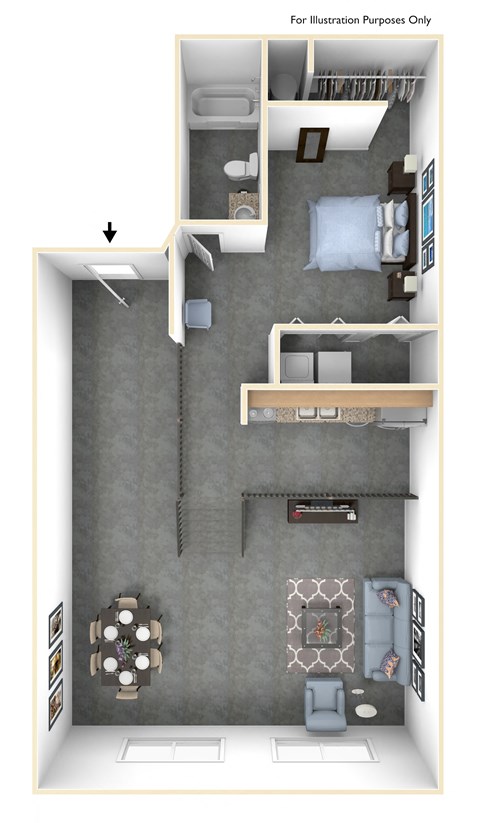 Floor plan for 1 bed, 1 bath, 835 sqft